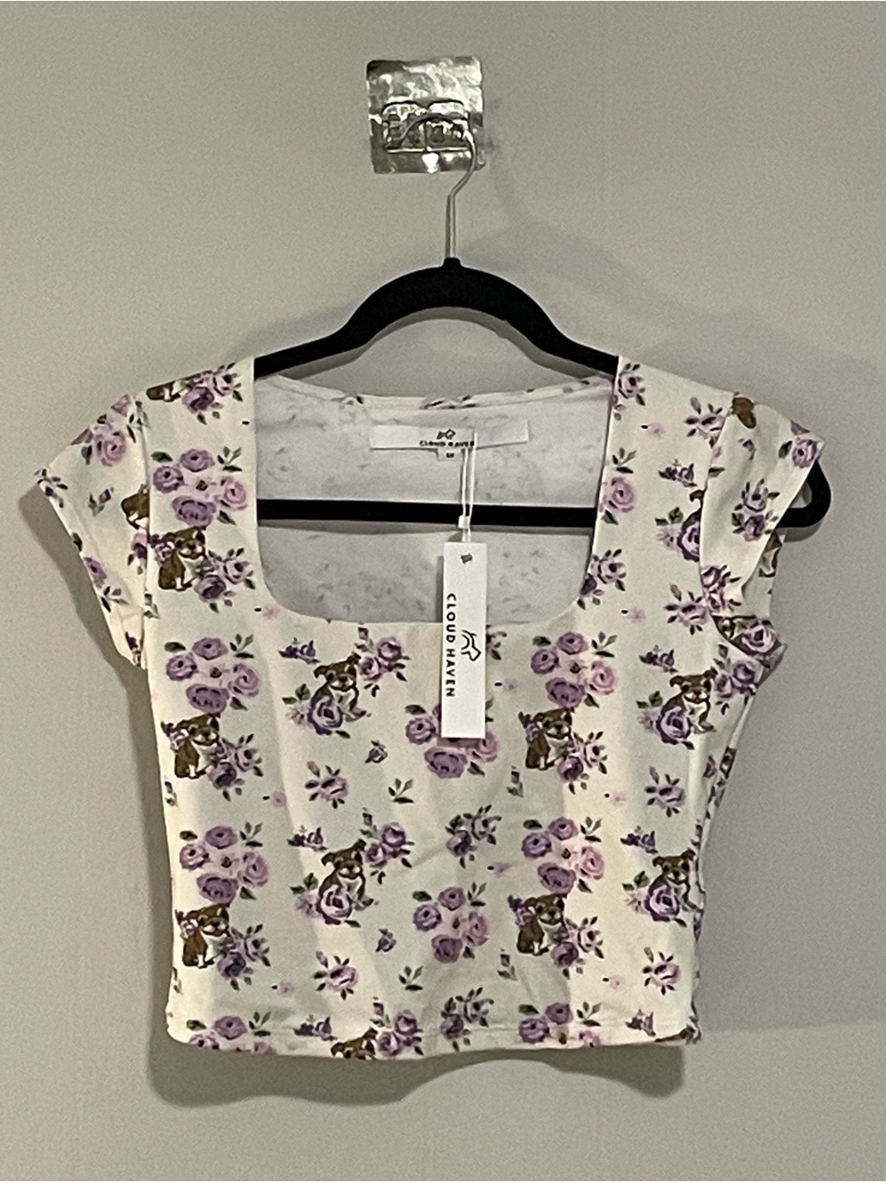 Cloud-Haven White Lavender Rose Square-Neck Crop Top. Item #11619